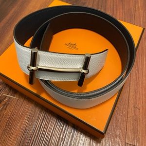 Hermès Belt and Silver Buckle Navy/White